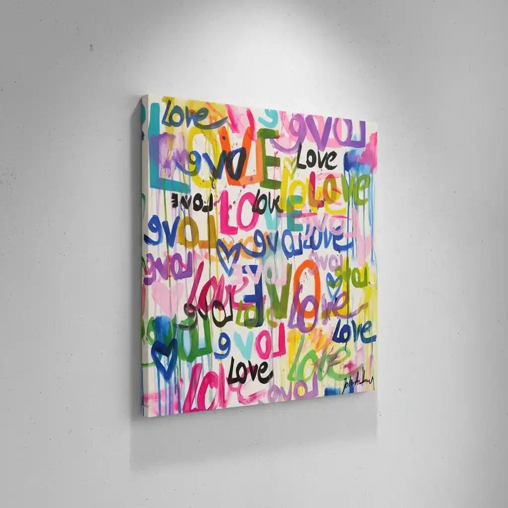 Oeuvre Pop Art avec mots 'Love' multicolores, ambiance joyeuse et dynamique pour salon moderne ou chambre d'adolescent.