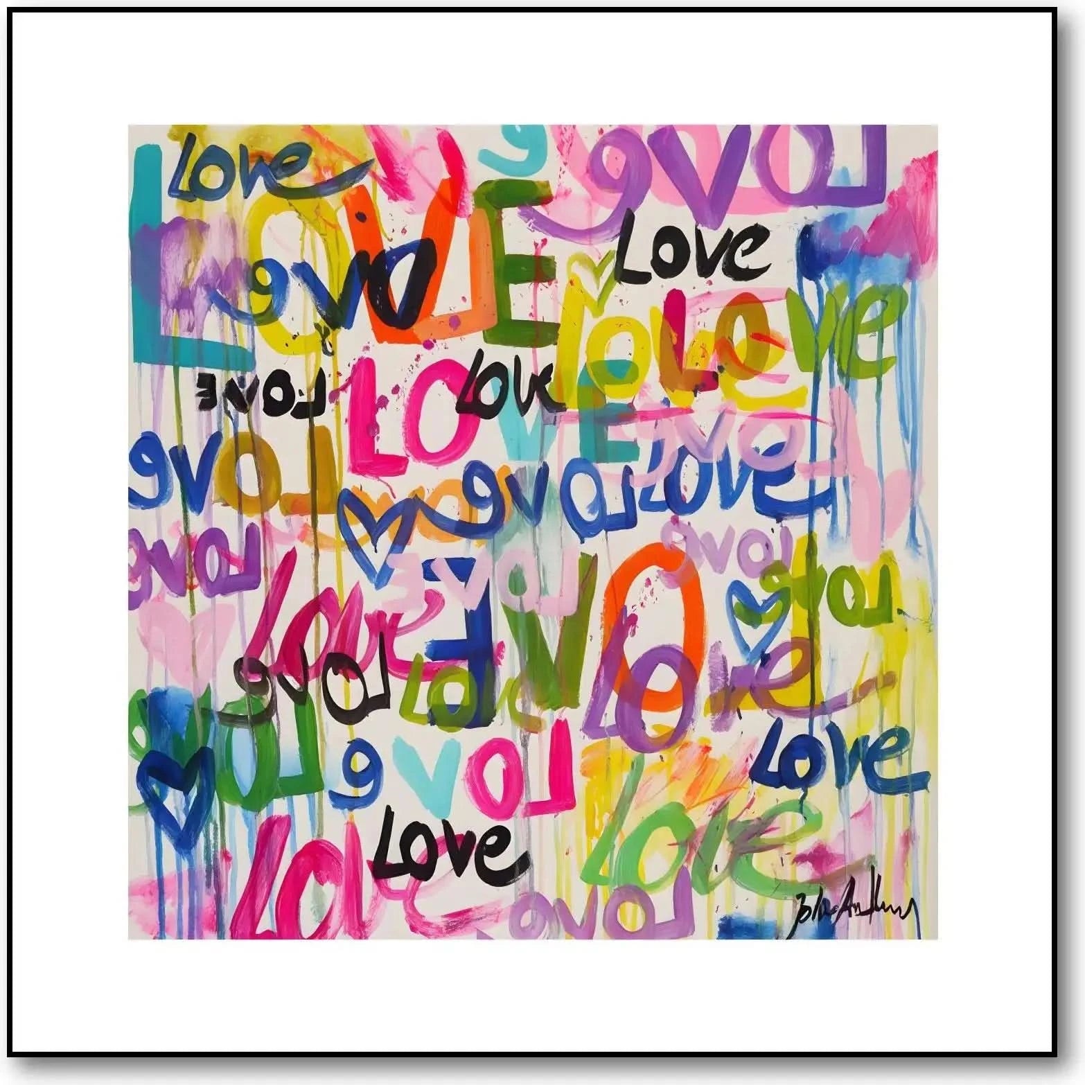 Œuvre Pop Art avec mots 'Love' multicolores, ambiance joyeuse et dynamique pour salon moderne ou chambre d'adolescent.