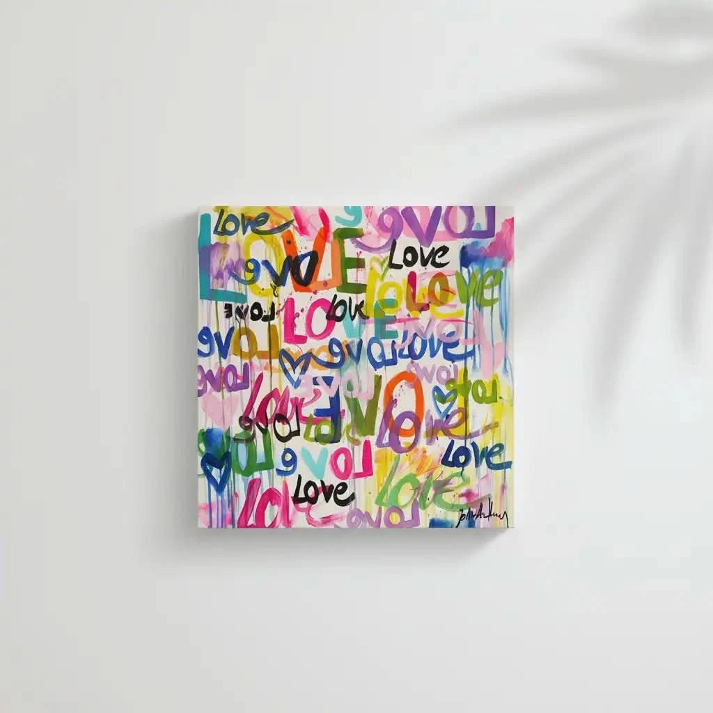 Oeuvre Pop Art avec mots 'Love' multicolores, ambiance joyeuse et dynamique pour salon moderne ou chambre d'adolescent.