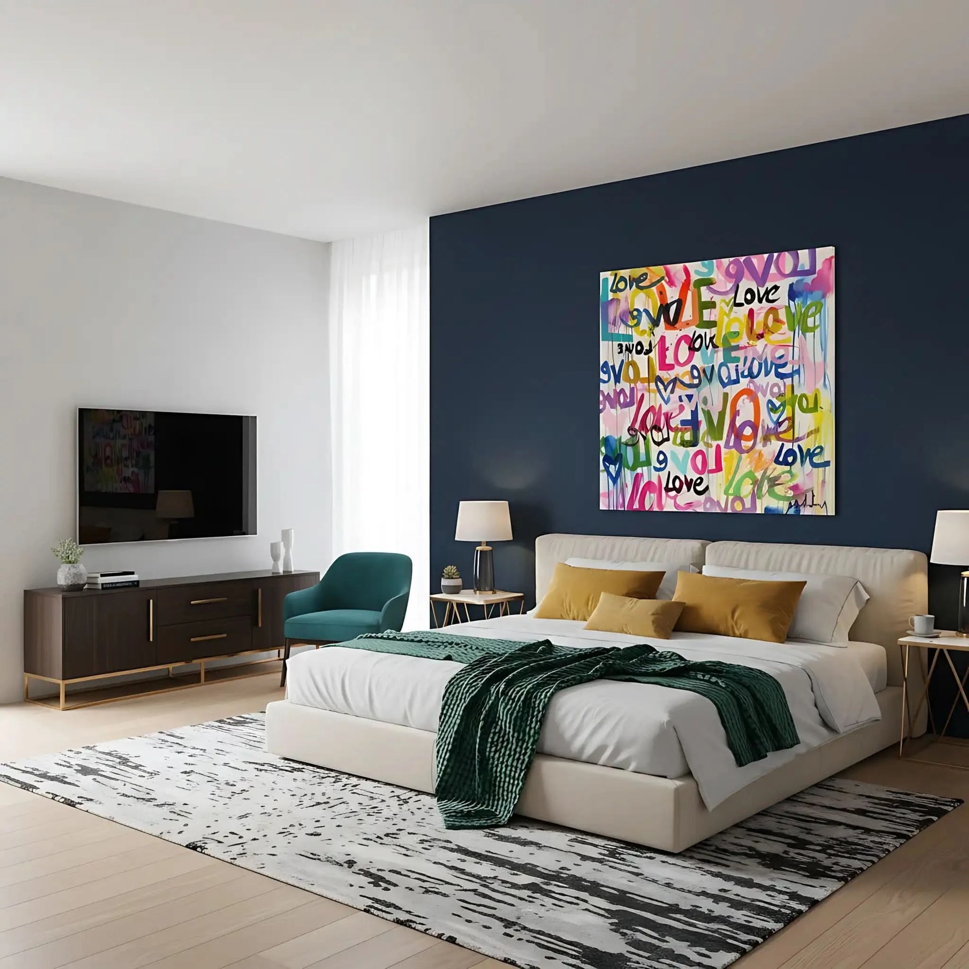 Oeuvre Pop Art avec mots 'Love' multicolores, ambiance joyeuse et dynamique pour salon moderne ou chambre d'adolescent.