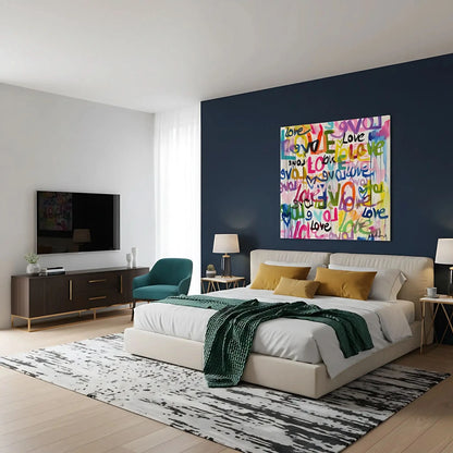 Oeuvre Pop Art avec mots 'Love' multicolores, ambiance joyeuse et dynamique pour salon moderne ou chambre d'adolescent.