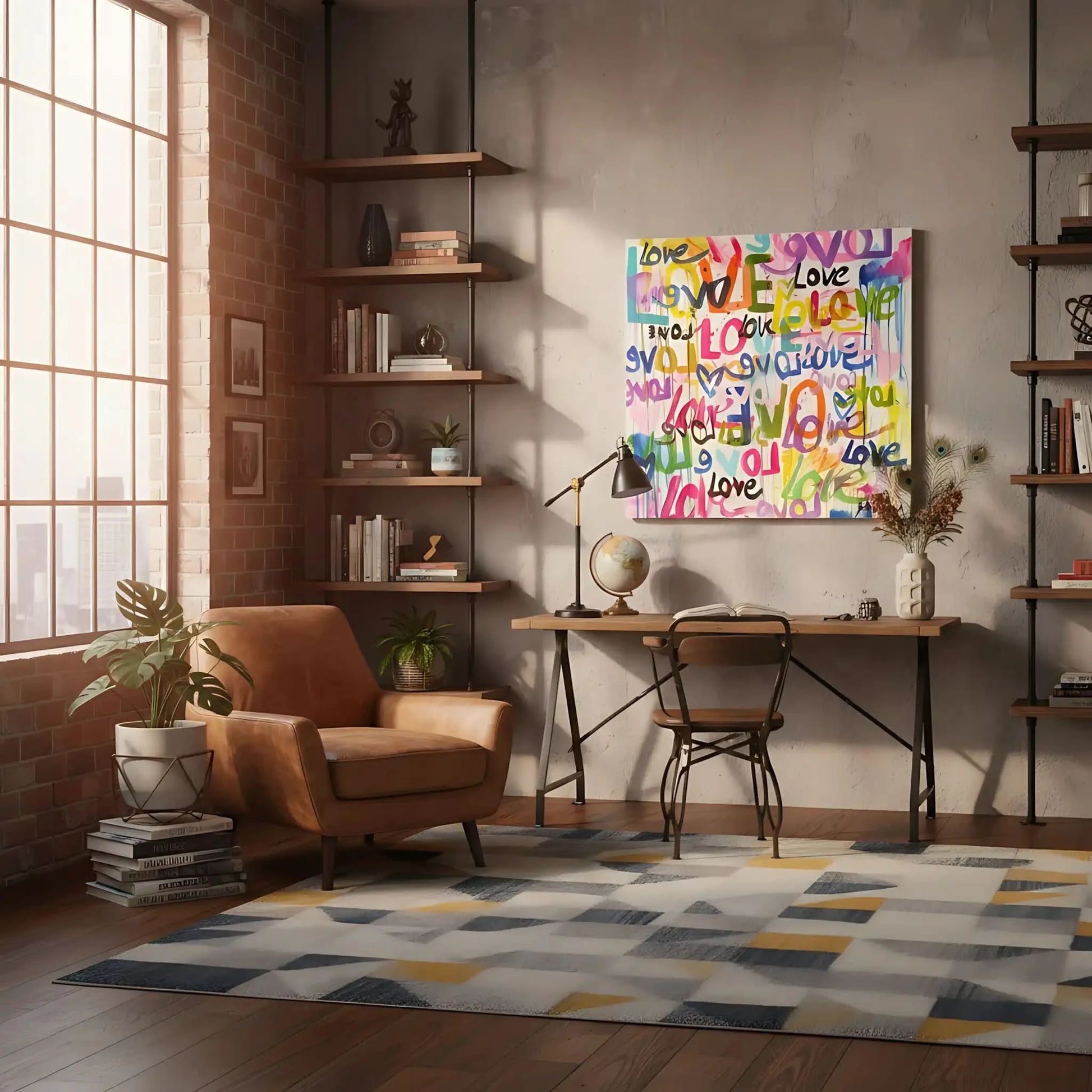 Oeuvre Pop Art avec mots 'Love' multicolores, ambiance joyeuse et dynamique pour salon moderne ou chambre d'adolescent.