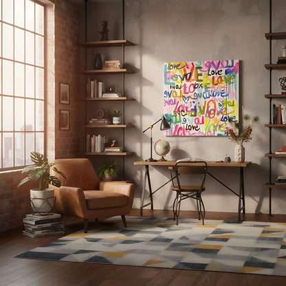 Oeuvre Pop Art avec mots 'Love' multicolores, ambiance joyeuse et dynamique pour salon moderne ou chambre d'adolescent.
