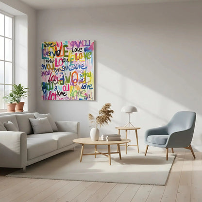Oeuvre Pop Art avec mots 'Love' multicolores, ambiance joyeuse et dynamique pour salon moderne ou chambre d'adolescent.