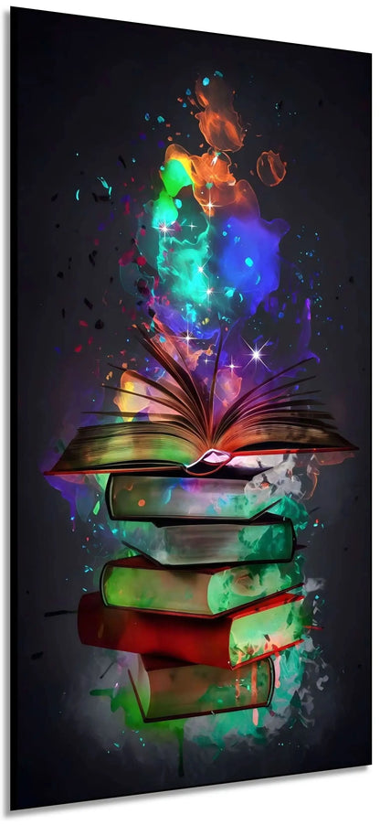 Tableau de livres avec volutes de couleurs éclatantes, ambiance mystérieuse et inspirante pour bureau ou bibliothèque.
