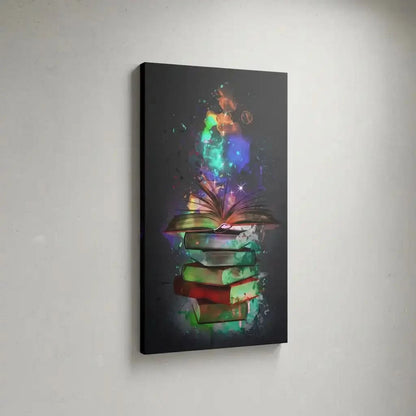Tableau de livres avec volutes de couleurs éclatantes, ambiance mystérieuse et inspirante pour bureau ou bibliothèque.