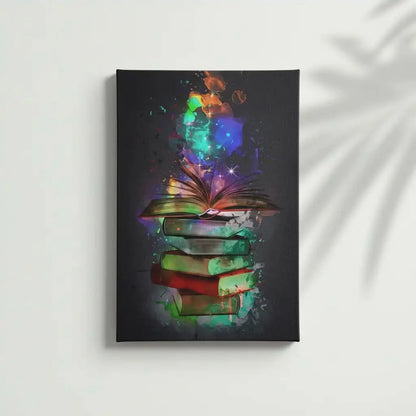 Tableau de livres avec volutes de couleurs éclatantes, ambiance mystérieuse et inspirante pour bureau ou bibliothèque.