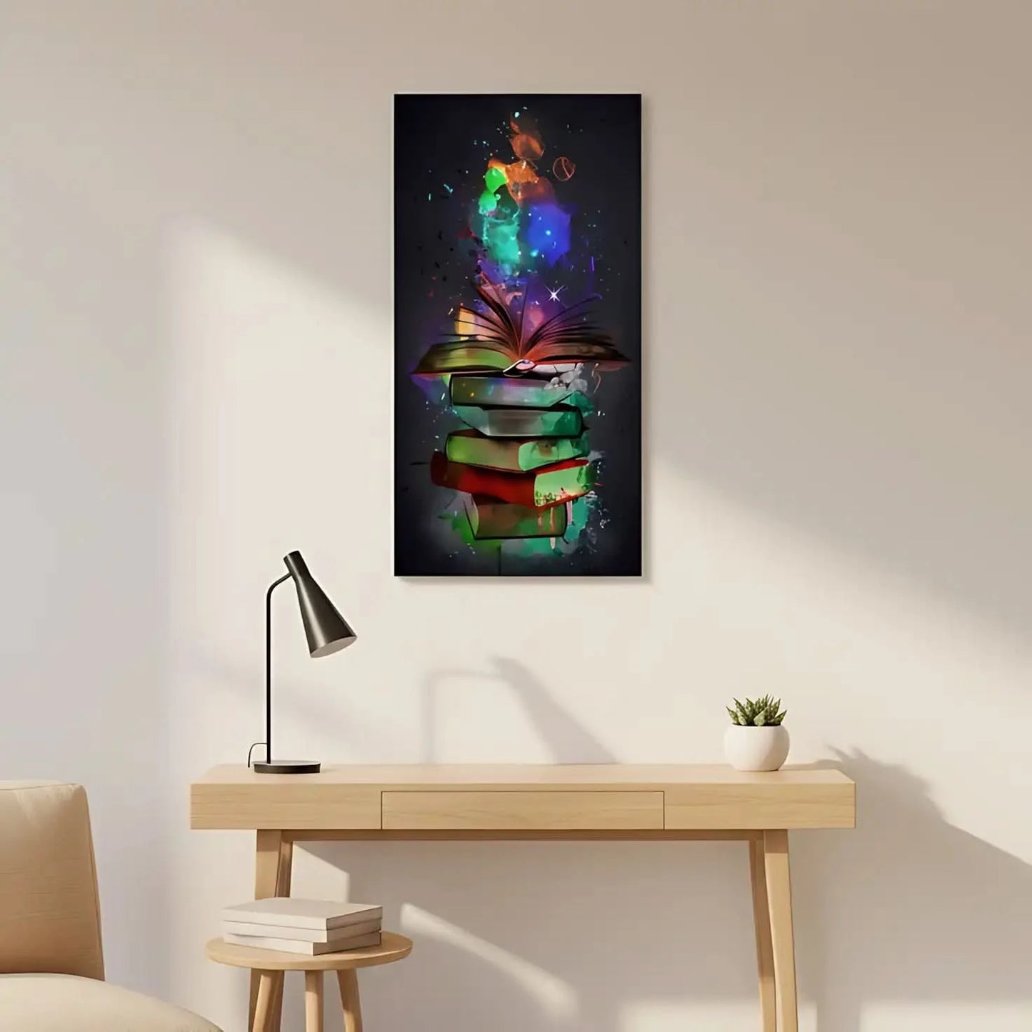 Tableau de livres avec volutes de couleurs éclatantes, ambiance mystérieuse et inspirante pour bureau ou bibliothèque.