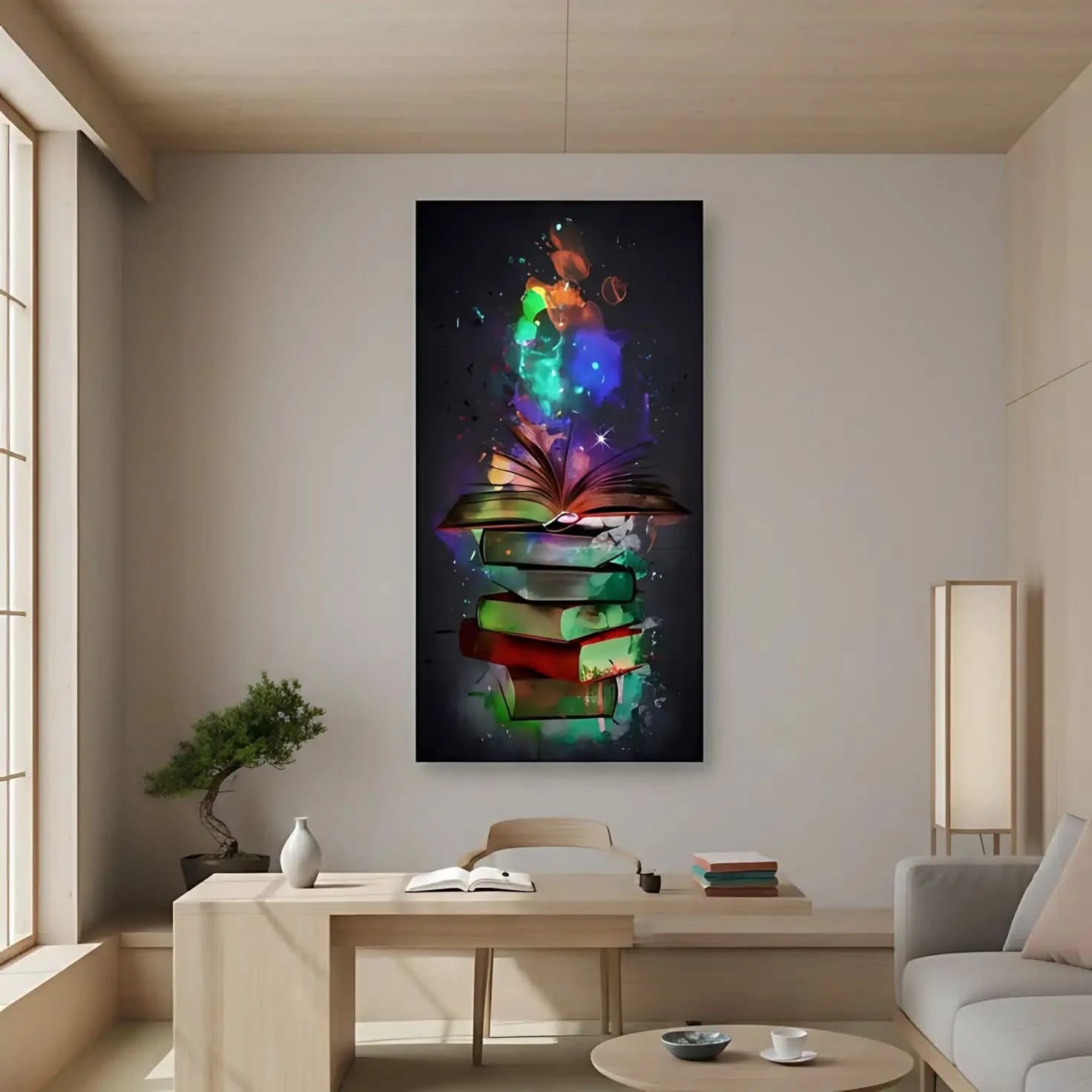 Tableau de livres avec volutes de couleurs éclatantes, ambiance mystérieuse et inspirante pour bureau ou bibliothèque.