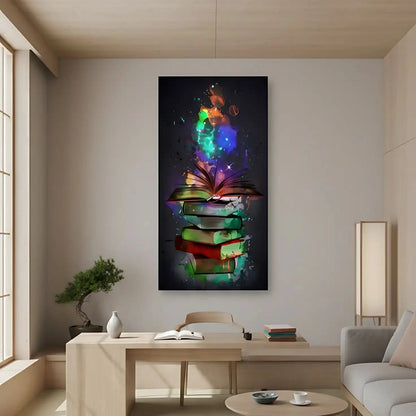 Tableau de livres avec volutes de couleurs éclatantes, ambiance mystérieuse et inspirante pour bureau ou bibliothèque.
