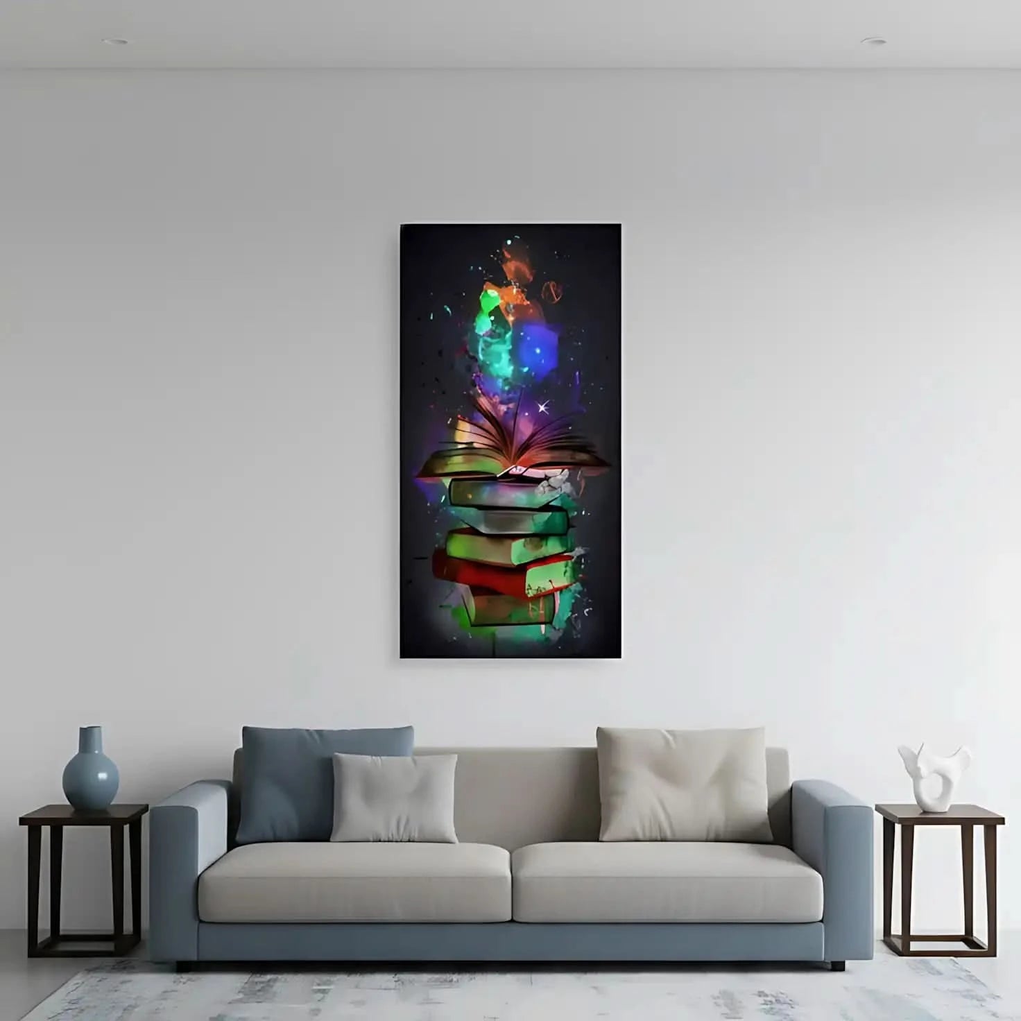 Tableau de livres avec volutes de couleurs éclatantes, ambiance mystérieuse et inspirante pour bureau ou bibliothèque.