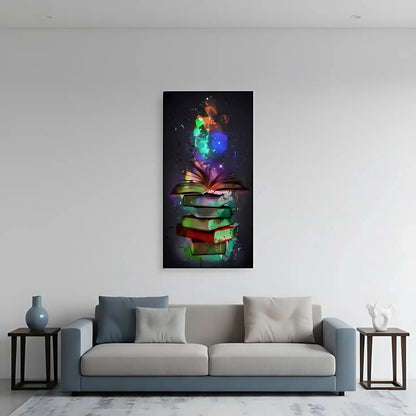 Tableau de livres avec volutes de couleurs éclatantes, ambiance mystérieuse et inspirante pour bureau ou bibliothèque.