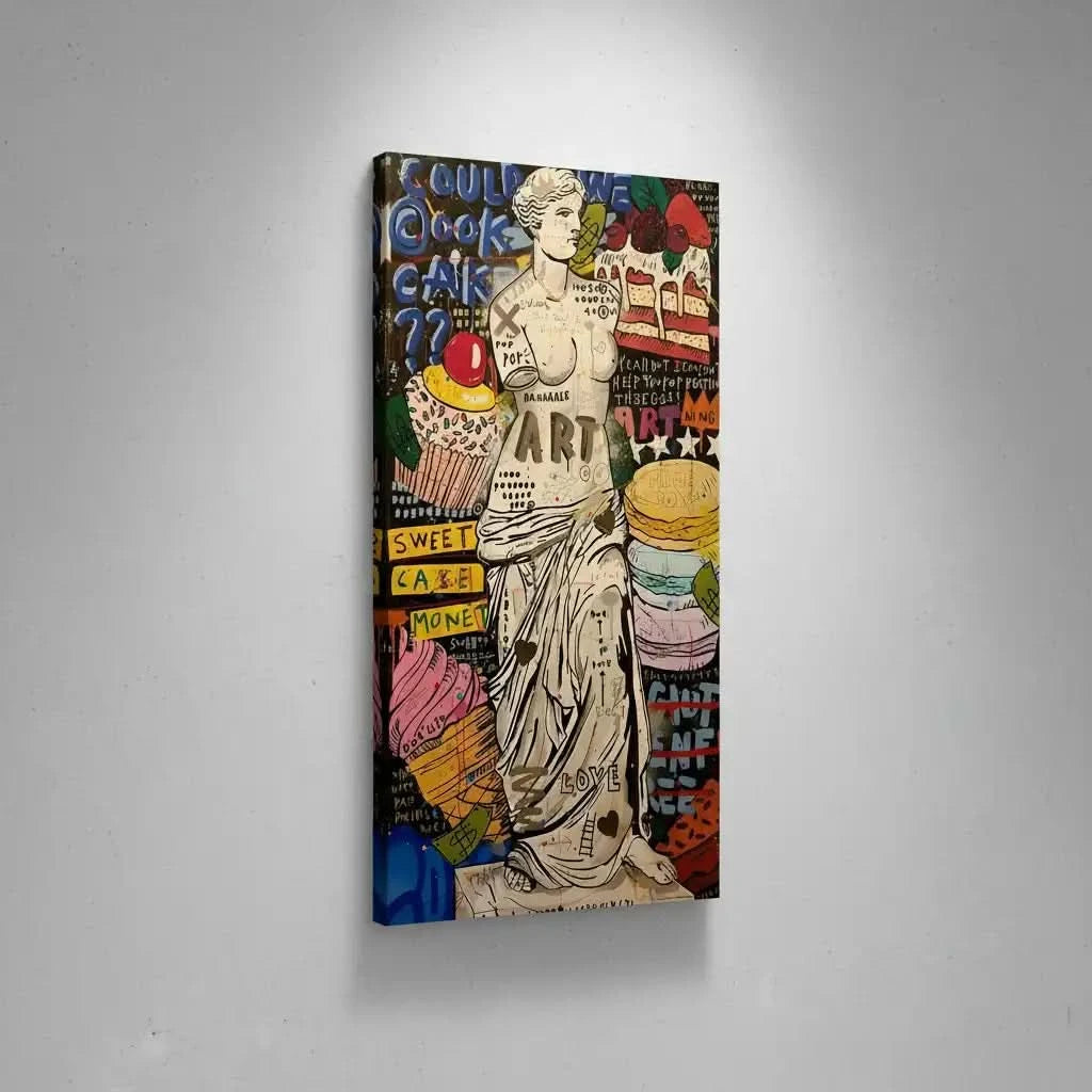 Oeuvre pop art avec statue classique, couleurs vives et motifs audacieux, idéale pour salon ou cuisine moderne.