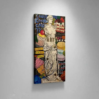 Oeuvre pop art avec statue classique, couleurs vives et motifs audacieux, idéale pour salon ou cuisine moderne.