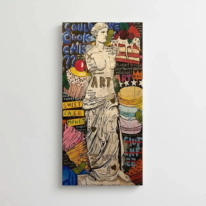 Oeuvre pop art avec statue classique, couleurs vives et motifs audacieux, idéale pour salon ou cuisine moderne.