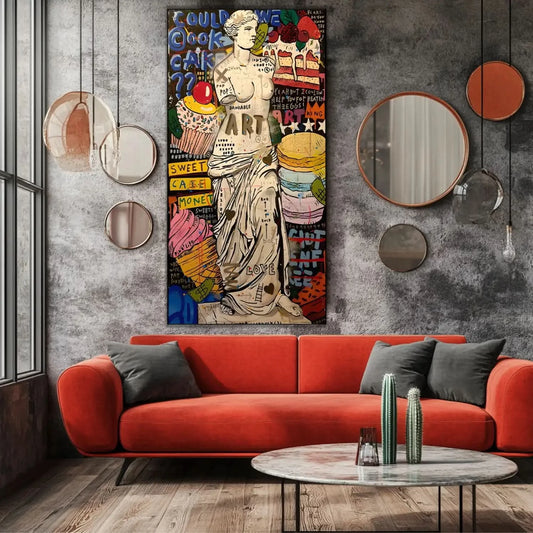 Œuvre pop art avec statue classique, couleurs vives et motifs audacieux, idéale pour salon ou cuisine moderne.