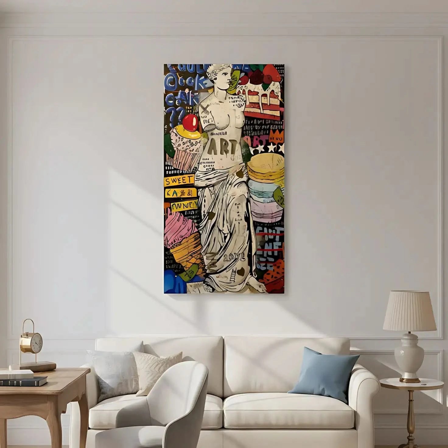 Oeuvre pop art avec statue classique, couleurs vives et motifs audacieux, idéale pour salon ou cuisine moderne.