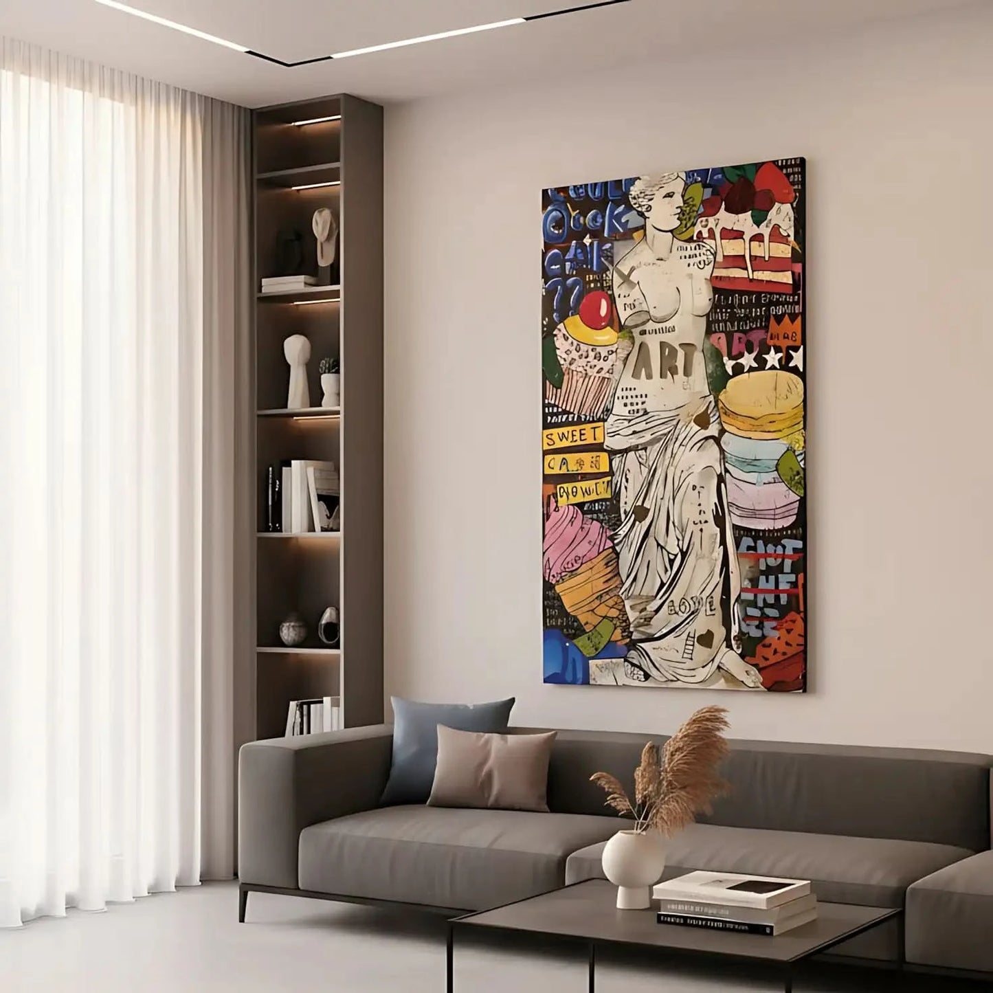 Oeuvre pop art avec statue classique, couleurs vives et motifs audacieux, idéale pour salon ou cuisine moderne.