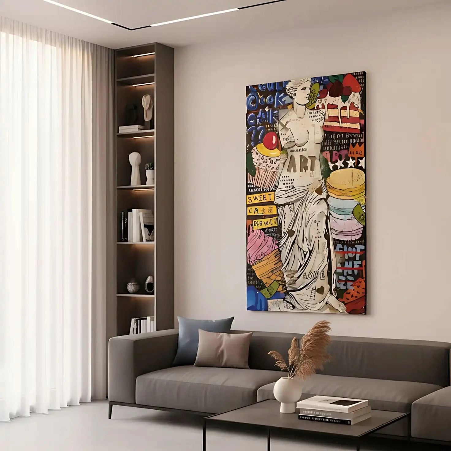 Oeuvre pop art avec statue classique, couleurs vives et motifs audacieux, idéale pour salon ou cuisine moderne.