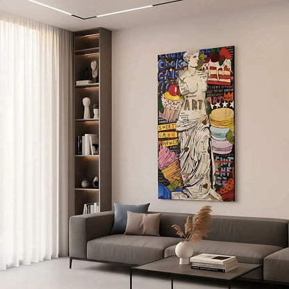 Oeuvre pop art avec statue classique, couleurs vives et motifs audacieux, idéale pour salon ou cuisine moderne.