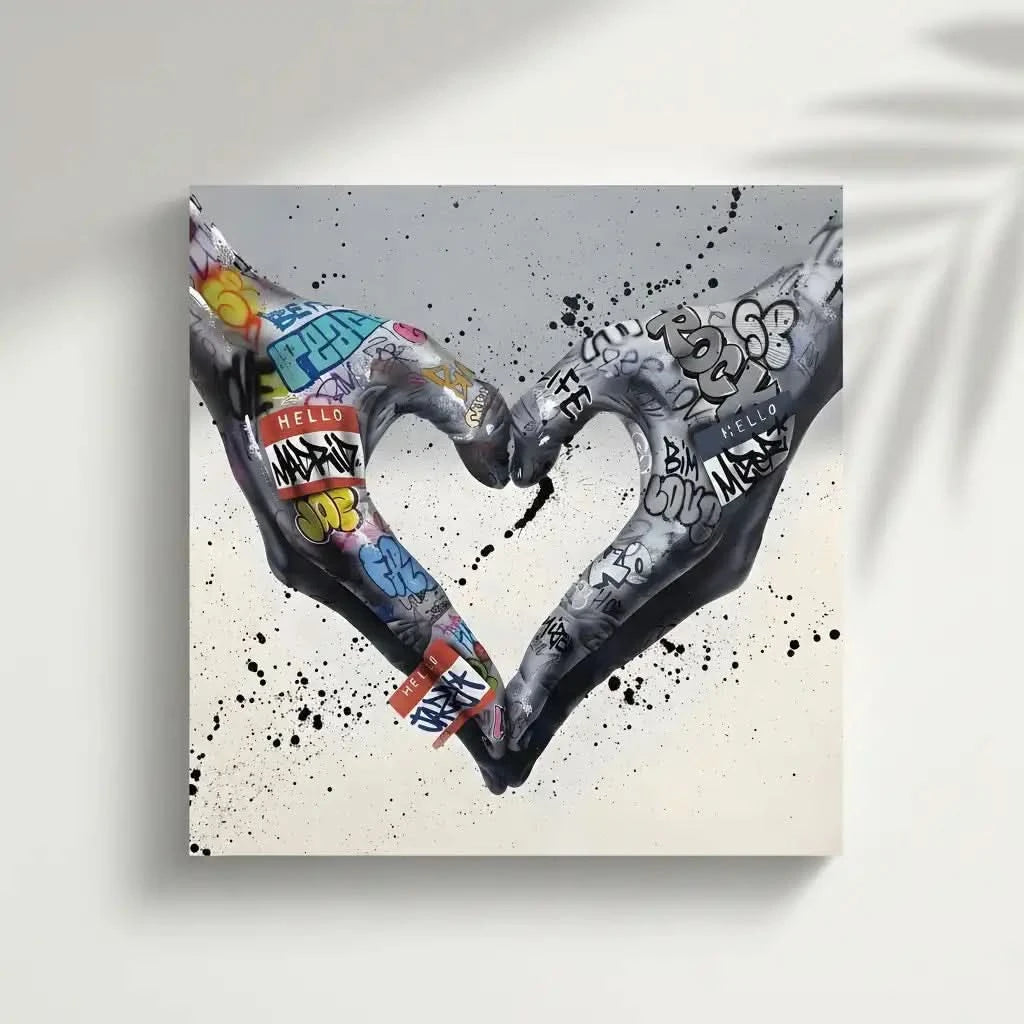 Deux mains formant un coeur avec des graffitis multicolores, ambiance urbaine et moderne pour salon ou bureau.