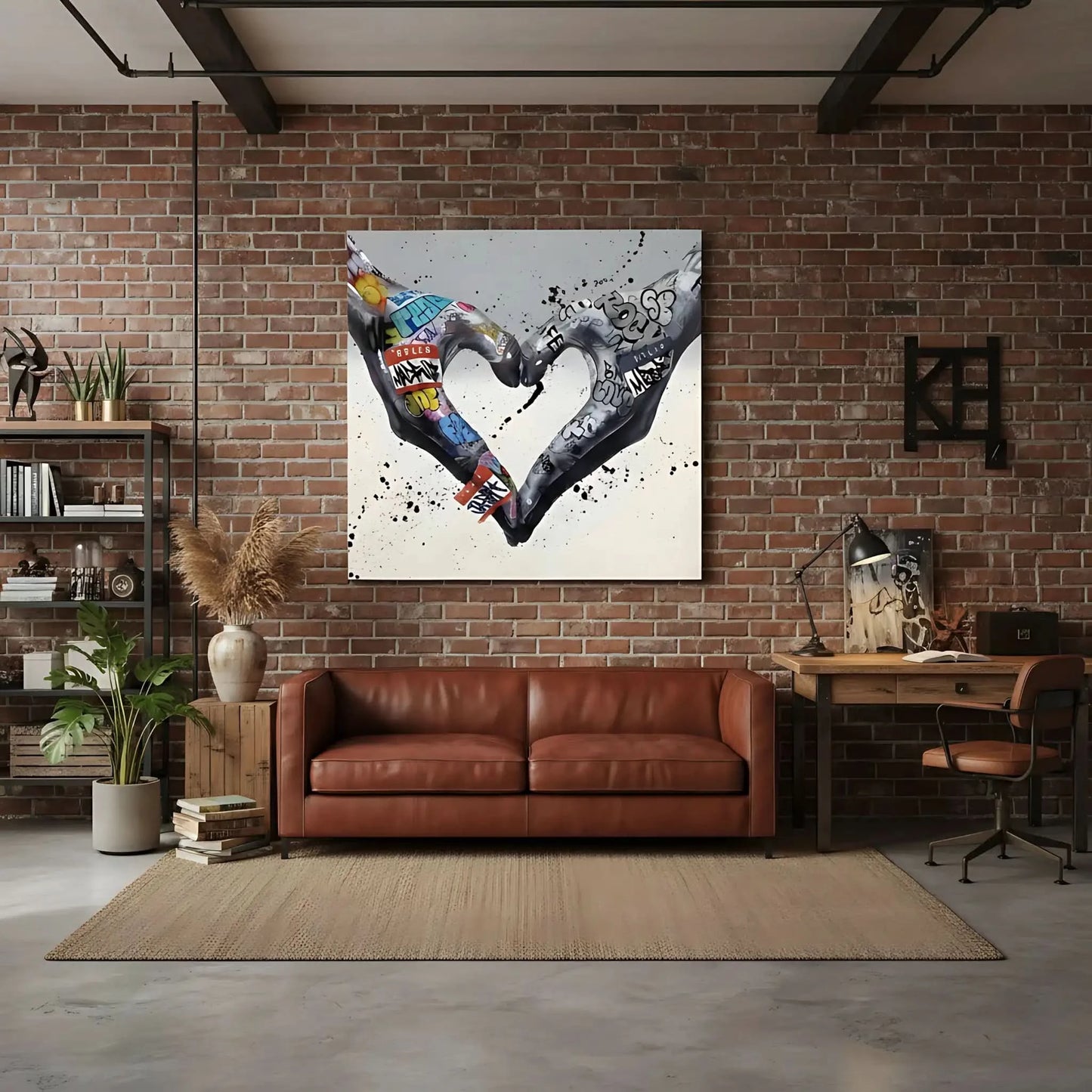 Deux mains formant un coeur avec des graffitis multicolores, ambiance urbaine et moderne pour salon ou bureau.