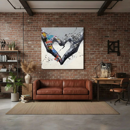 Deux mains formant un coeur avec des graffitis multicolores, ambiance urbaine et moderne pour salon ou bureau.