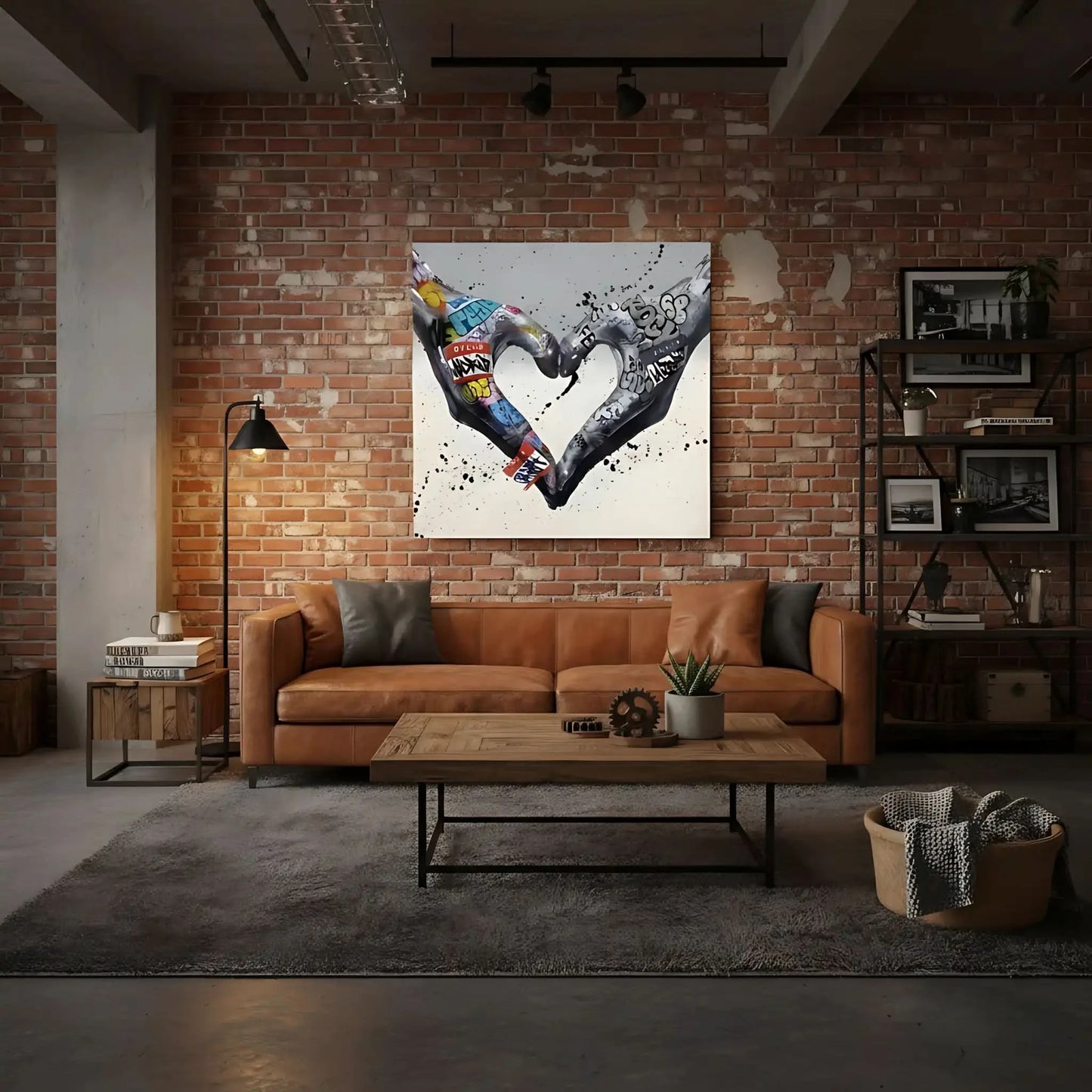 Deux mains formant un coeur avec des graffitis multicolores, ambiance urbaine et moderne pour salon ou bureau.