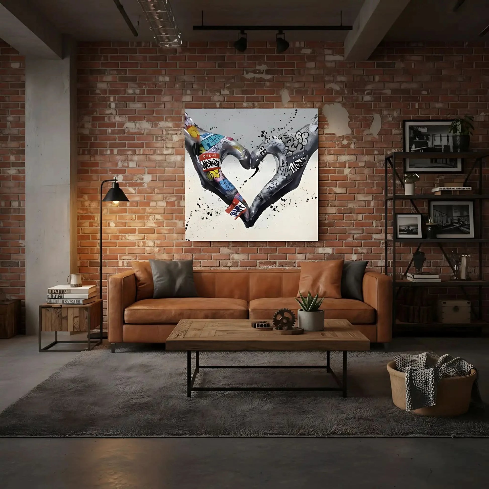 Deux mains formant un coeur avec des graffitis multicolores, ambiance urbaine et moderne pour salon ou bureau.