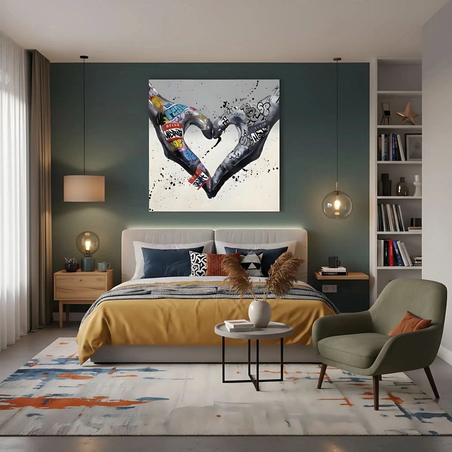 Deux mains formant un coeur avec des graffitis multicolores, ambiance urbaine et moderne pour salon ou bureau.