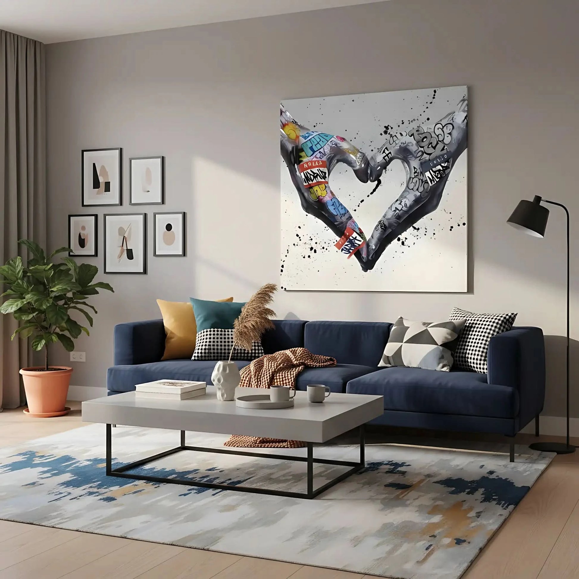 Deux mains formant un coeur avec des graffitis multicolores, ambiance urbaine et moderne pour salon ou bureau.