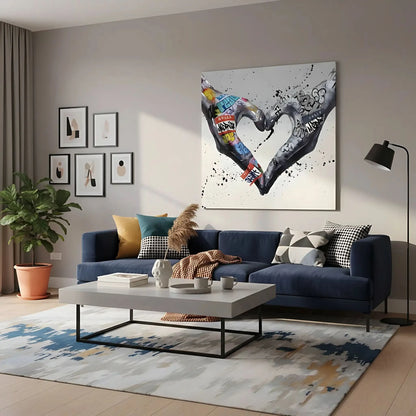 Deux mains formant un coeur avec des graffitis multicolores, ambiance urbaine et moderne pour salon ou bureau.