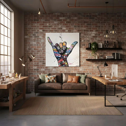 Main ornée de graffitis multicolores sur fond blanc, style street art, ambiance urbaine et dynamique pour salon moderne.