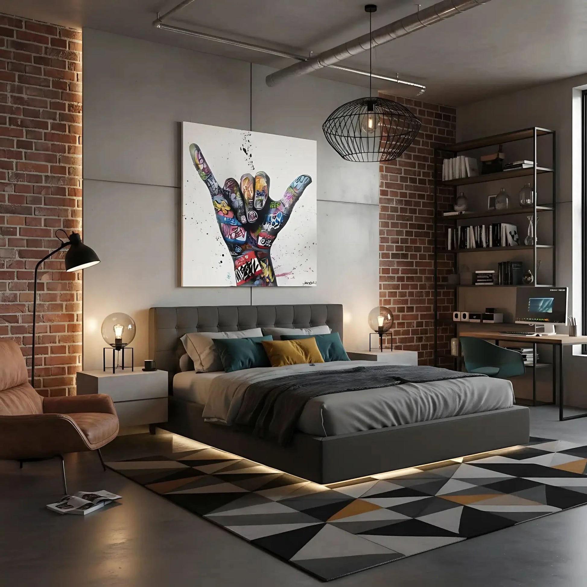 Main ornée de graffitis multicolores sur fond blanc, style street art, ambiance urbaine et dynamique pour salon moderne.