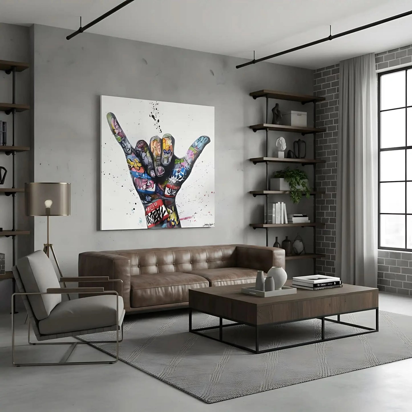 Main ornée de graffitis multicolores sur fond blanc, style street art, ambiance urbaine et dynamique pour salon moderne.