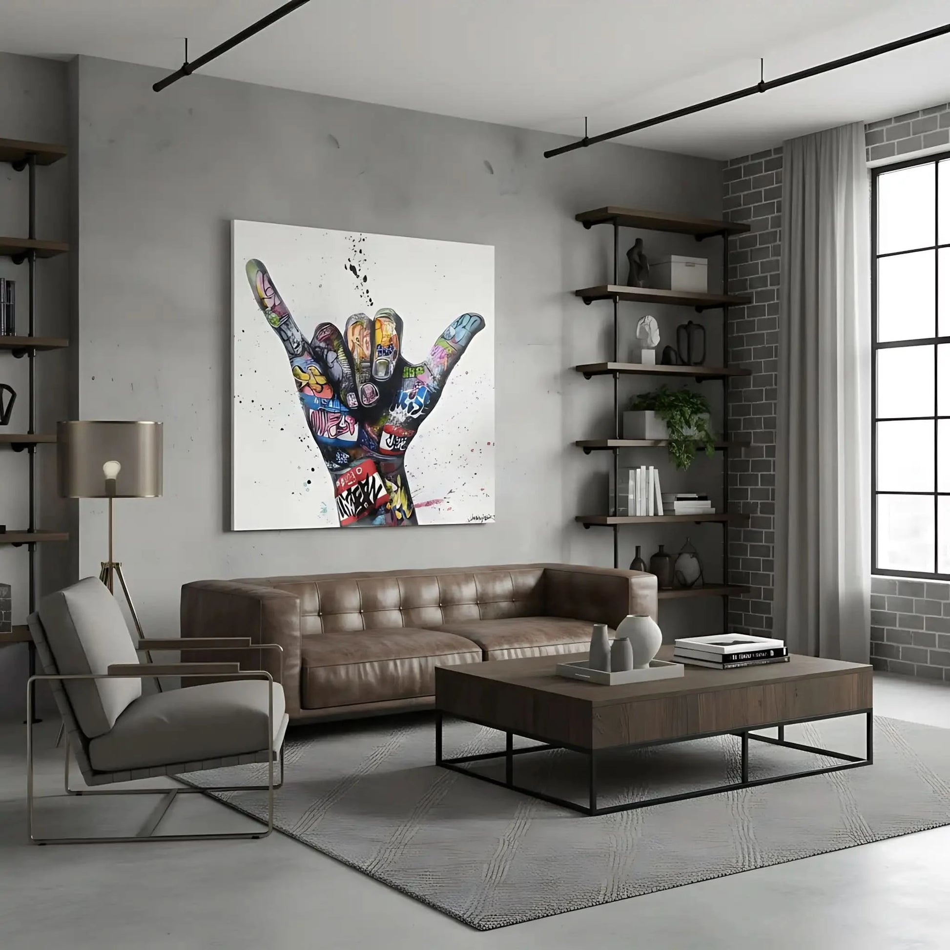 Main ornée de graffitis multicolores sur fond blanc, style street art, ambiance urbaine et dynamique pour salon moderne.