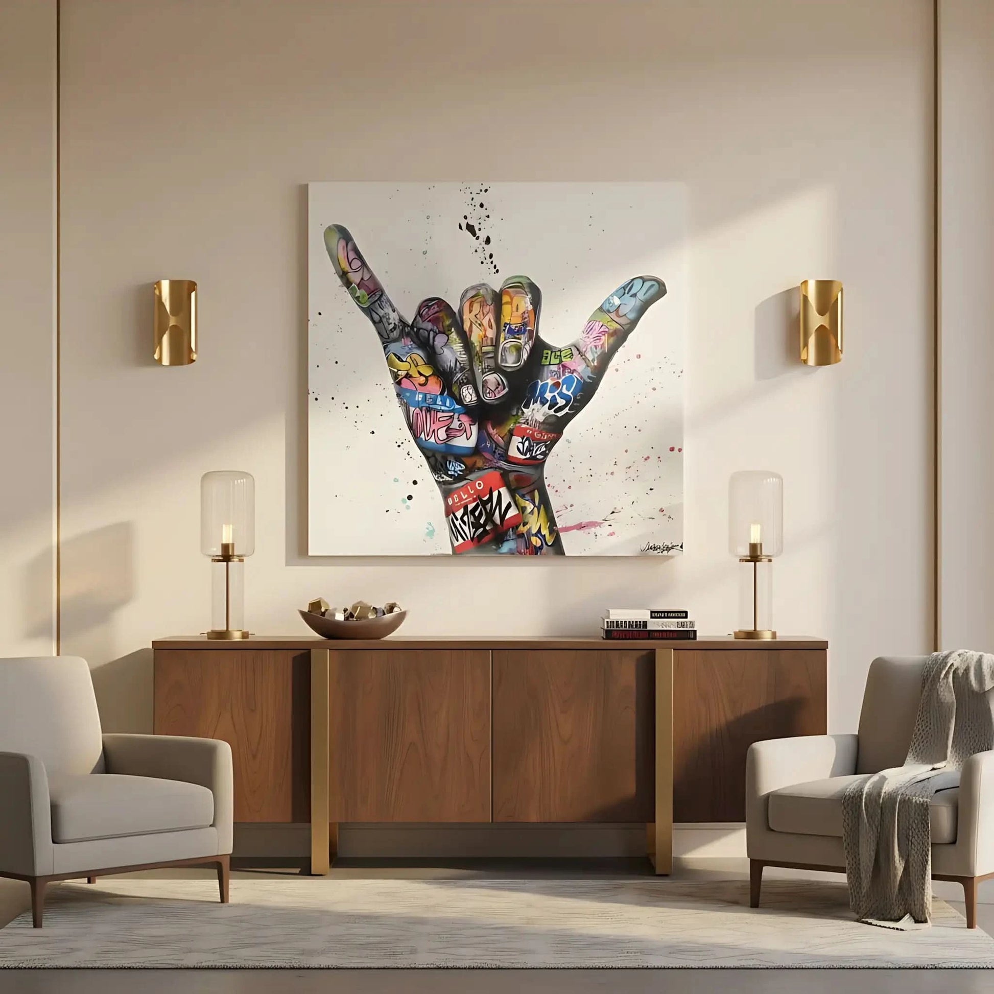 Main ornée de graffitis multicolores sur fond blanc, style street art, ambiance urbaine et dynamique pour salon moderne.