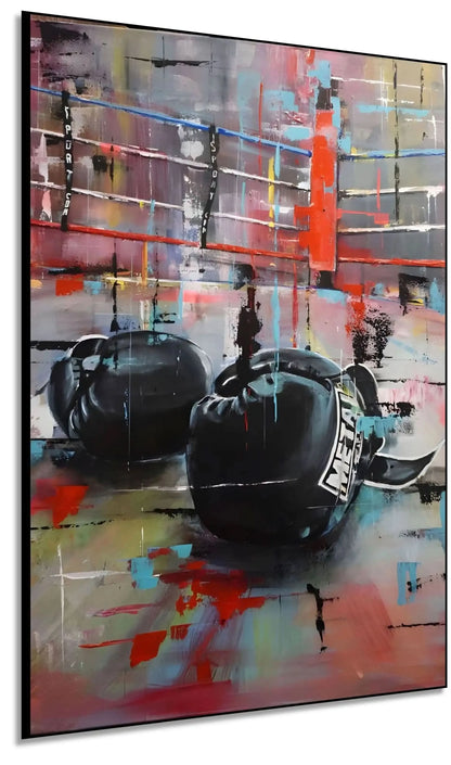 Tableau abstrait avec gants de boxe noirs, couleurs vives et dynamiques, ambiance énergique pour salon moderne ou bureau.