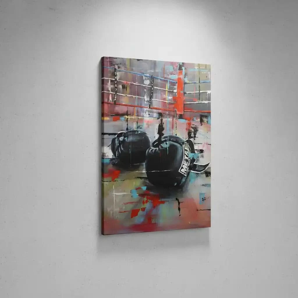 Tableau abstrait avec gants de boxe noirs, couleurs vives et dynamiques, ambiance énergique pour salon moderne ou bureau.