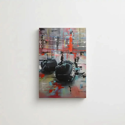 Tableau abstrait avec gants de boxe noirs, couleurs vives et dynamiques, ambiance énergique pour salon moderne ou bureau.