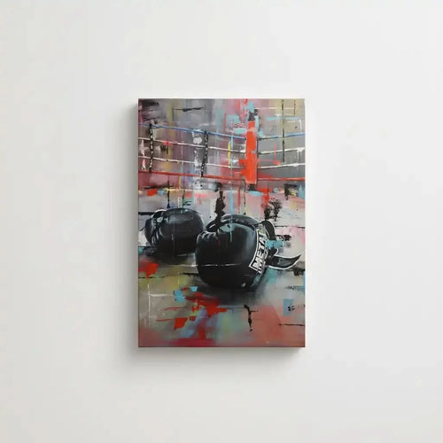 Tableau abstrait avec gants de boxe noirs, couleurs vives et dynamiques, ambiance énergique pour salon moderne ou bureau.