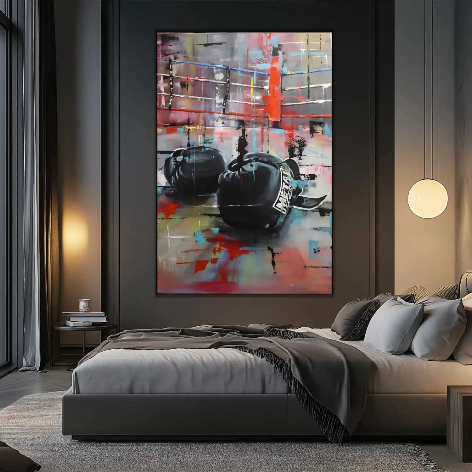 Tableau abstrait avec gants de boxe noirs, couleurs vives et dynamiques, ambiance énergique pour salon moderne ou bureau.