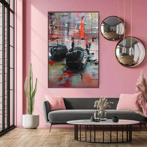 Tableau abstrait avec gants de boxe noirs, couleurs vives et dynamiques, ambiance énergique pour salon moderne ou bureau.