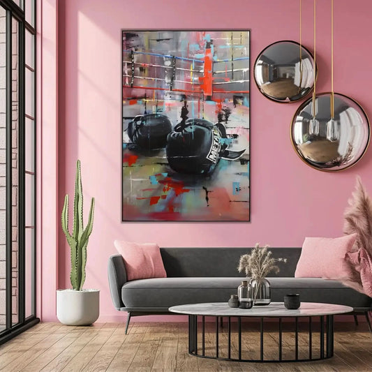 Tableau abstrait avec gants de boxe noirs, couleurs vives et dynamiques, ambiance énergique pour salon moderne ou bureau.
