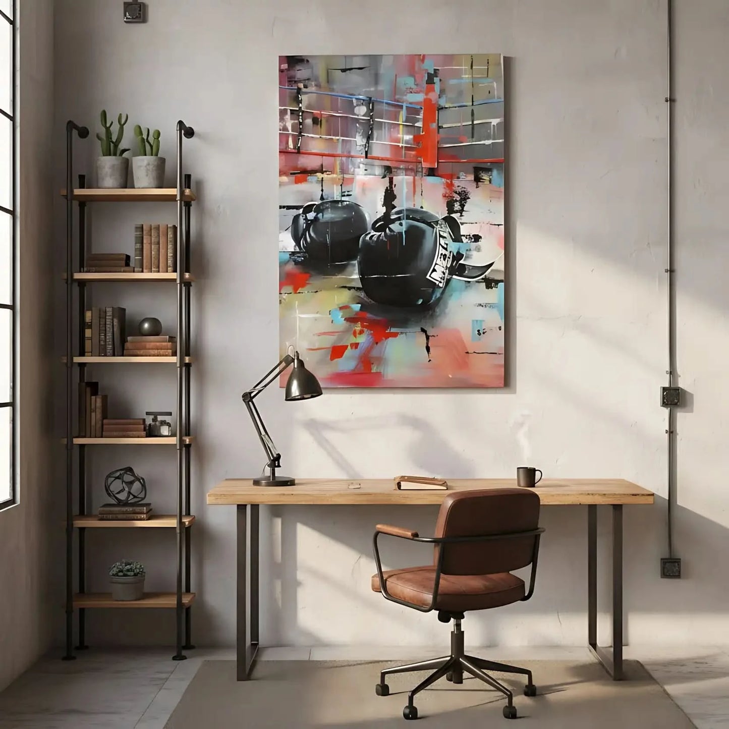 Tableau abstrait avec gants de boxe noirs, couleurs vives et dynamiques, ambiance énergique pour salon moderne ou bureau.