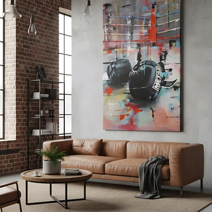 Tableau abstrait avec gants de boxe noirs, couleurs vives et dynamiques, ambiance énergique pour salon moderne ou bureau.
