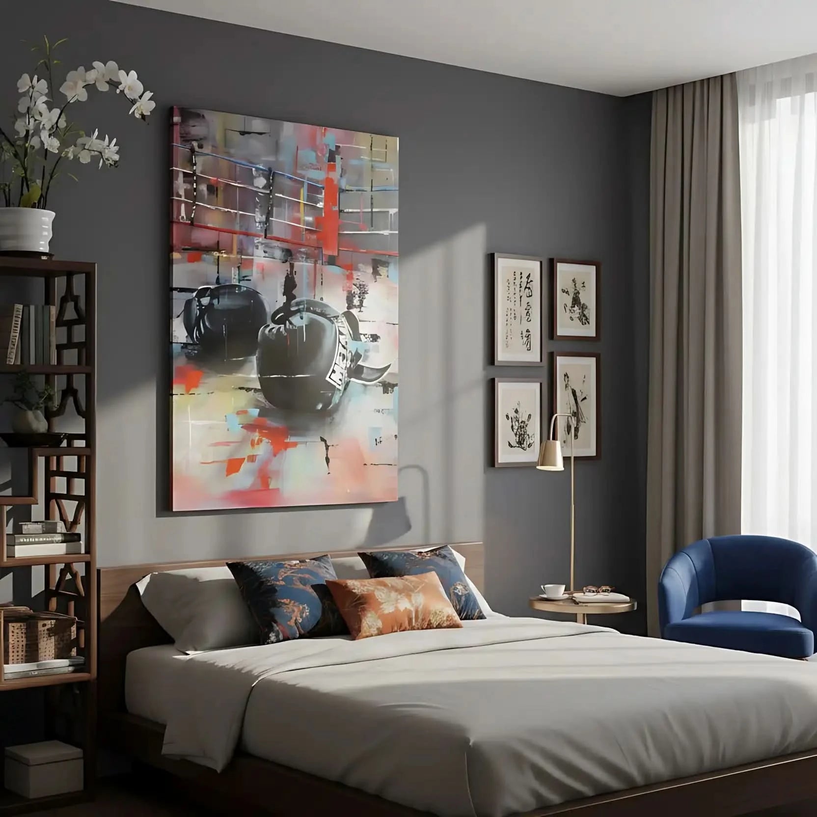 Tableau abstrait avec gants de boxe noirs, couleurs vives et dynamiques, ambiance énergique pour salon moderne ou bureau.