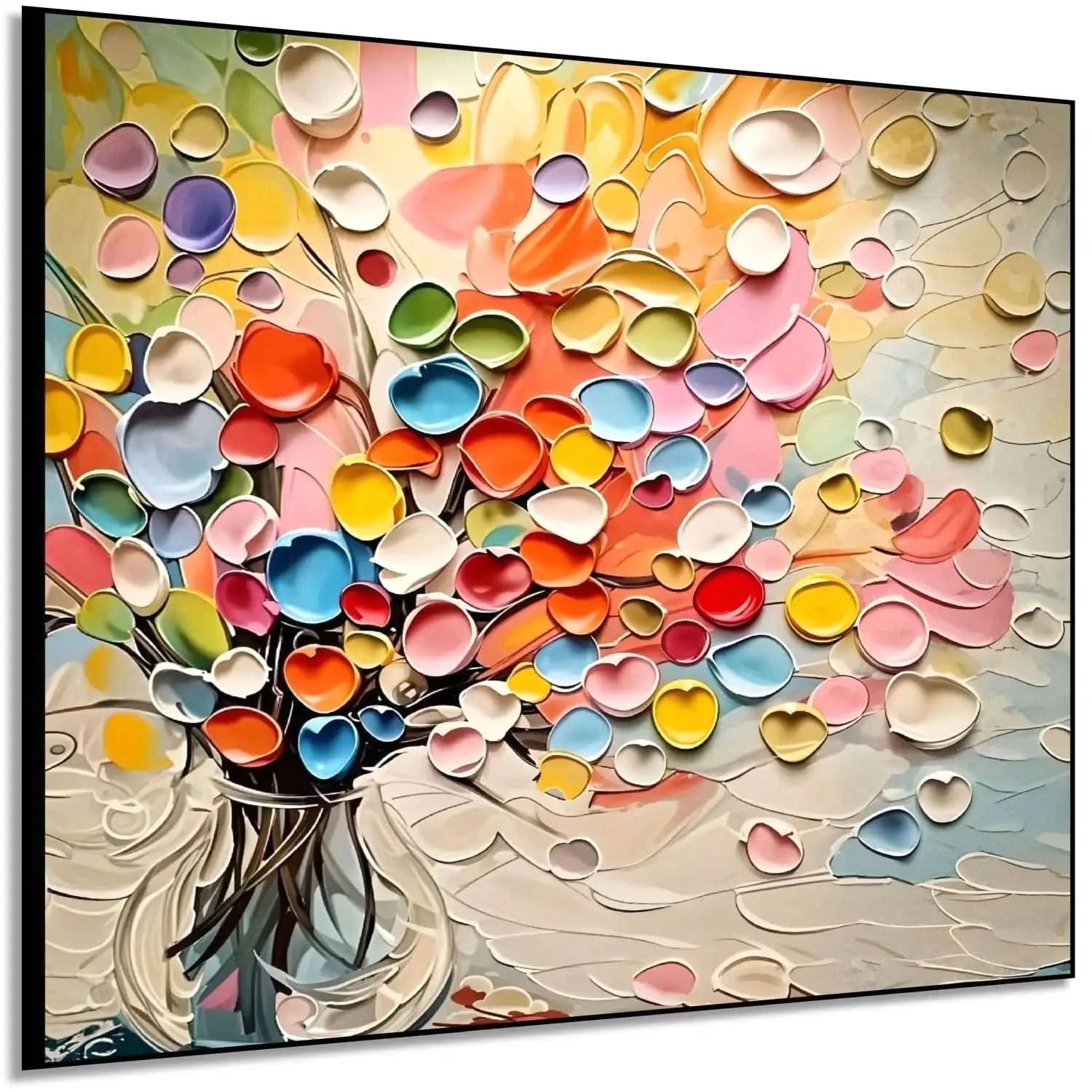 Bouquet abstrait de cœurs en relief multicolores dans un vase; rose, jaune, bleu, vert; atmosphère joyeuse pour salon.