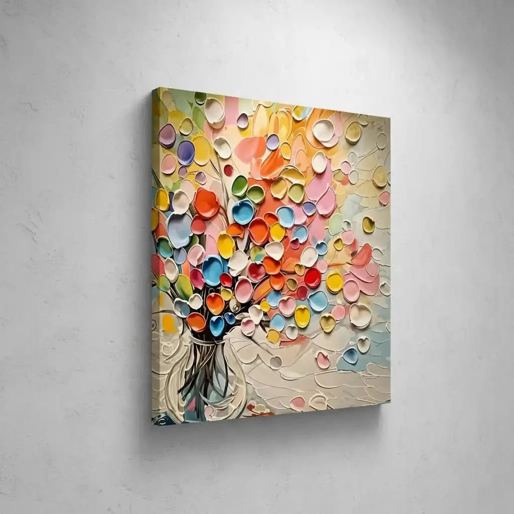 Bouquet abstrait de coeurs en relief multicolores dans un vase; rose, jaune, bleu, vert; atmosphère joyeuse pour salon.