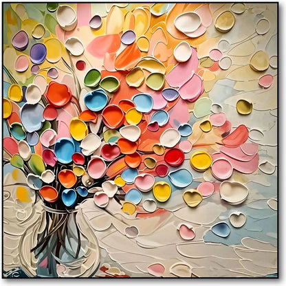 Bouquet abstrait de cœurs en relief multicolores dans un vase; rose, jaune, bleu, vert; atmosphère joyeuse pour salon.